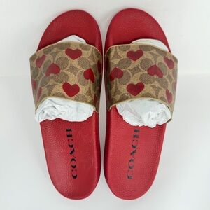 Coach Udele Slide Signature Sandals With Heart Print Brown Red Size 11
